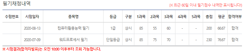 컴퓨터활용능력 1급 필기 채점표